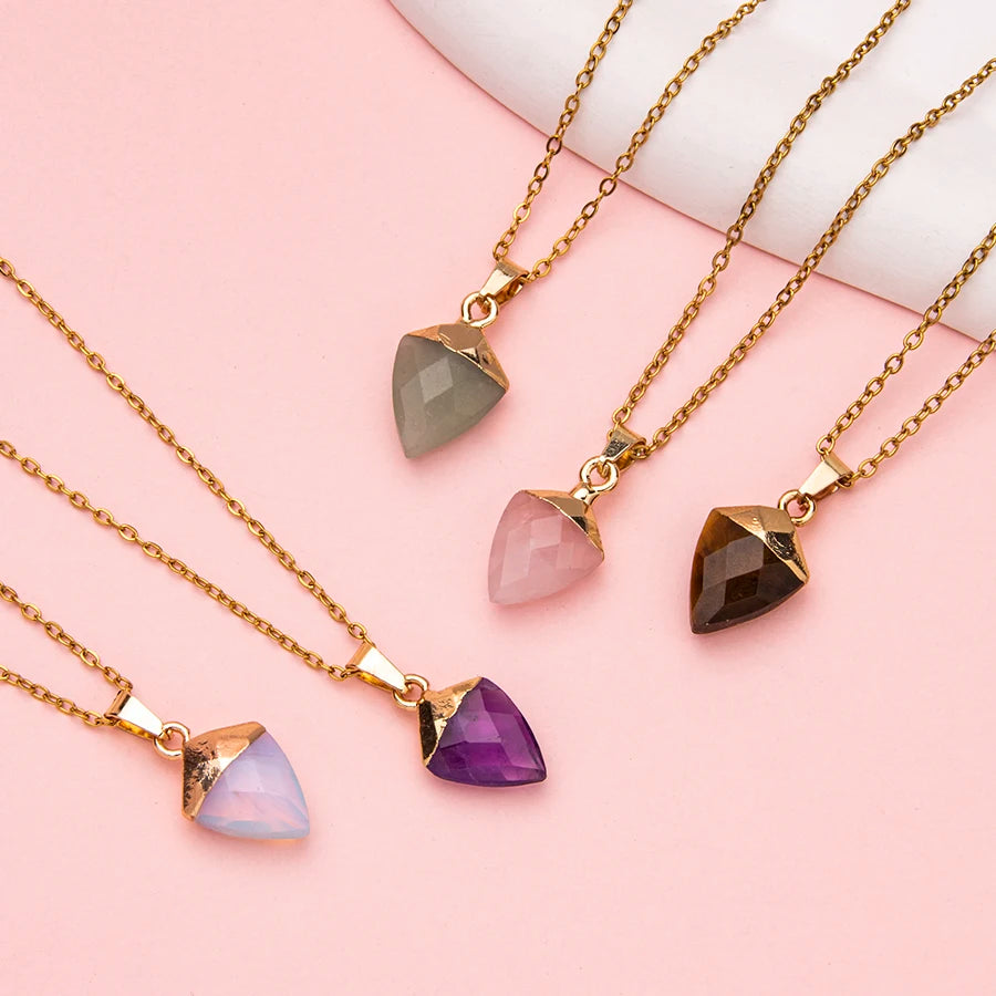 1pc stainless steel adjustable natrual crystal stone gemstone agate Section triangular column simple cusp pendant necklace