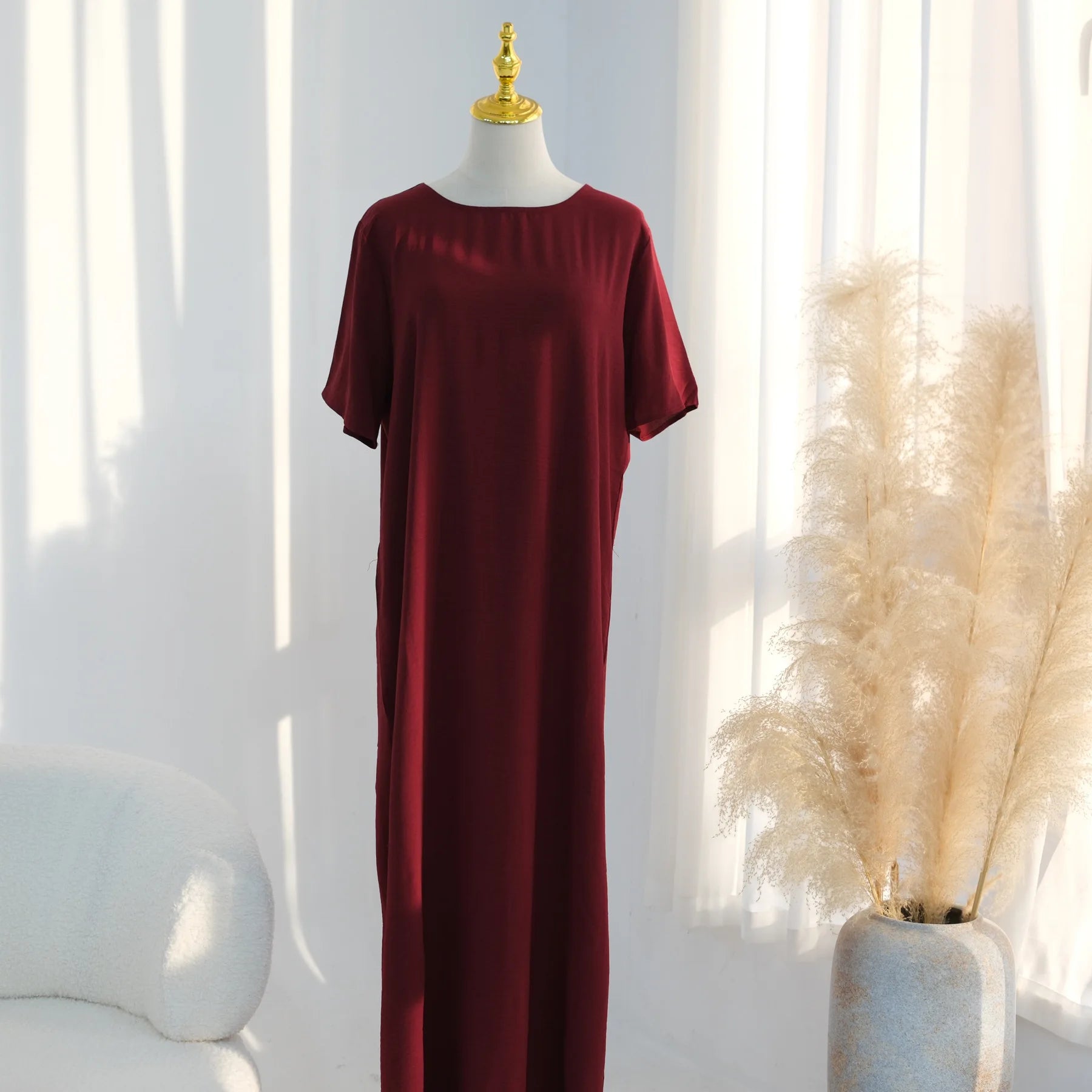 Modest Short Sleeve Women Inner Dress Basic Abaya Muslim Eid Ramadan Round Neck Maxi Loose Casual Long Versatile Fashion Kimono