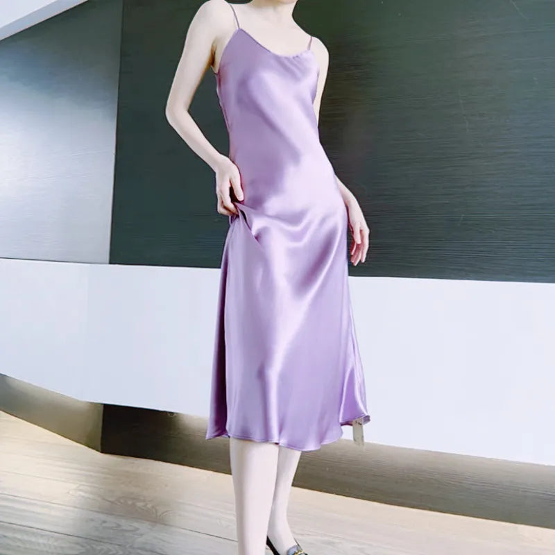 Asyabuykal Women's Satin A-Line Party Dress - V-Neck Spaghetti Strap
