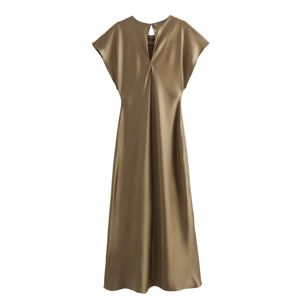 Woman Satin Midi Dress Summer Female Solid Fashion Elegant Long Dresses Lady Chic Short Sleeve O-Neck Evening Party Dress