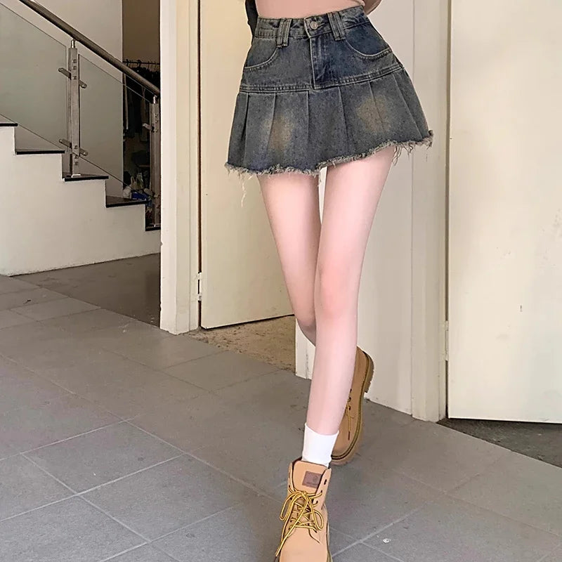 Summer Women Y2k High Waist Mini Skirts Girls Korean A Line Denim Pleated Dress Female Fashion Punk Blue Harajuku Jeans Skirts