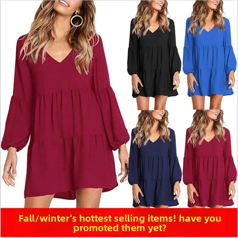 plus Size Autumn Clothes 2024 Women's V-Neck Long Sleeve Dress Ladies Fashionable Elegant Style Single Piece All Seasons