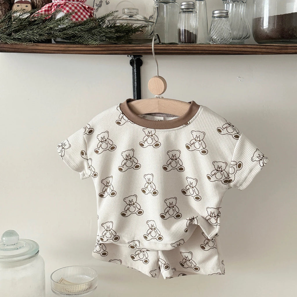 Toddler Bear Print T-Shirt + Shorts Two Piece Set Summer Boys Clothes Fashion Cartoon Cute Short Sleeve Suit