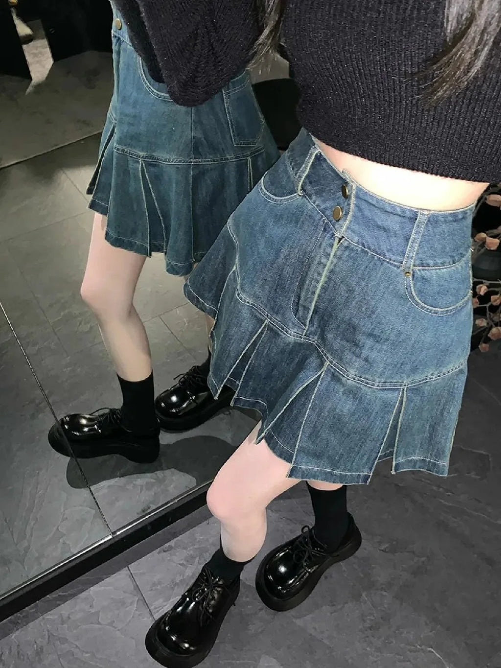 High-Waisted Denim Skirt Women's New Pleated Retro Blue Skinny A-line Flanged Wrap Hip Skirt