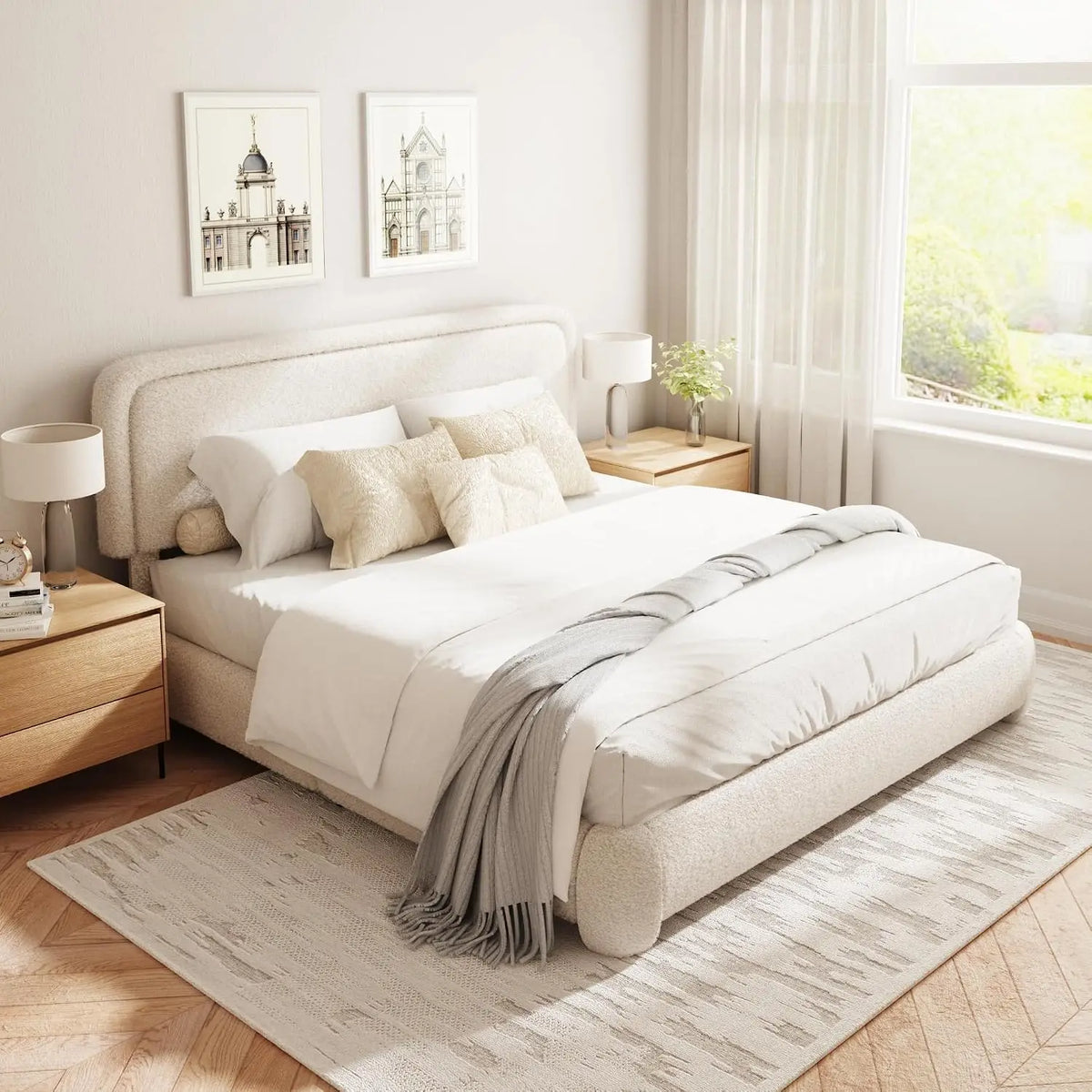 Boucle Upholstered Platform Bed with Adjustable Headboard & Rounded Corners, King Size, No Box Spring, Noise Free, White, Custom
