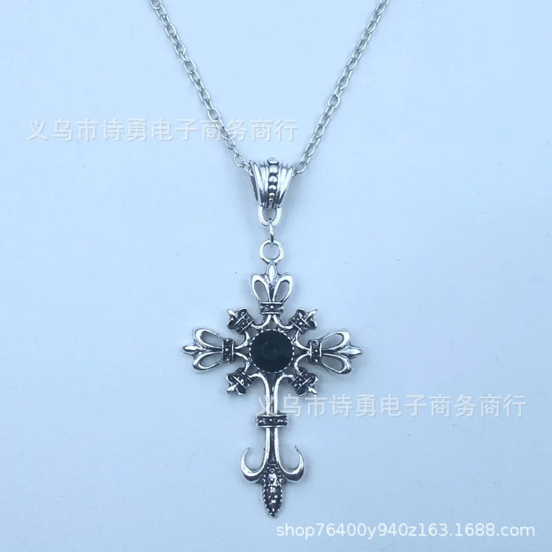 Gothic Black Ruby Cross Pendant Men'S Women'S'S Necklace European And American Retro Fashion Jewelry Gifts