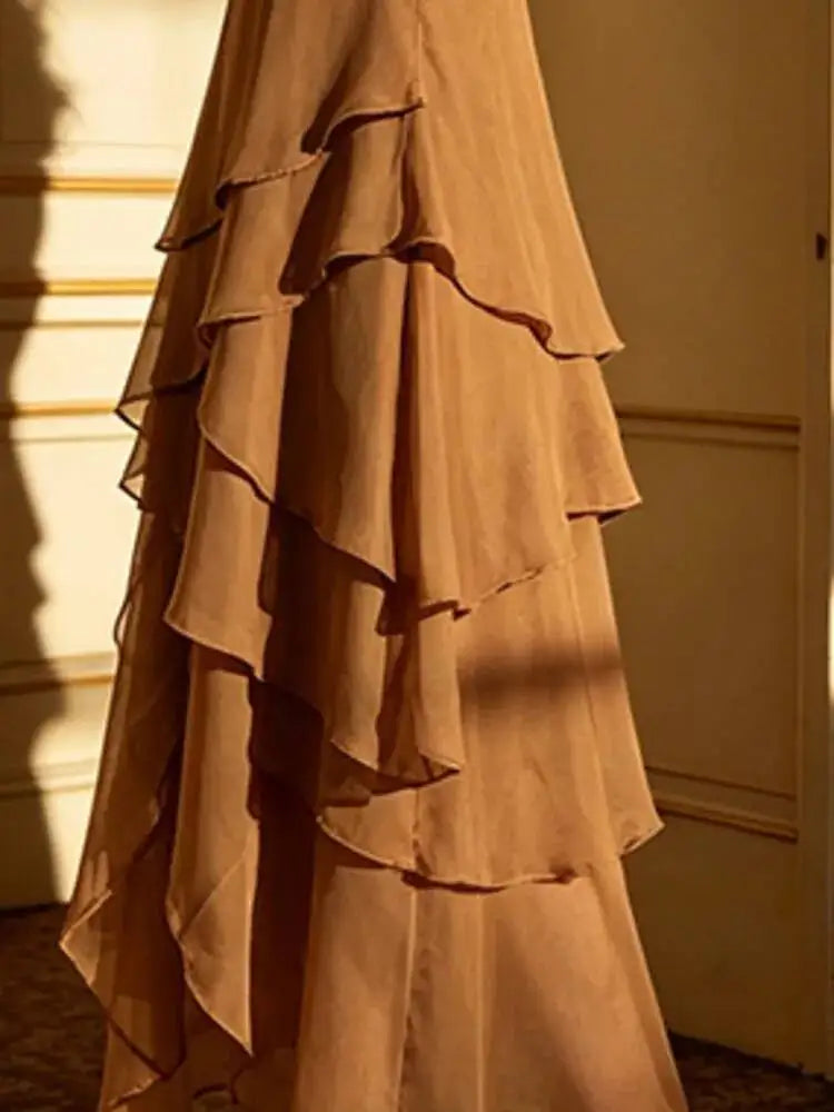 DEAT Women Spaghetti Strap Tiered Ruffle Maxi Dress Asymmetrical Hem Loose Fit Lightweight Chiffon Casual Breathable 2026 New