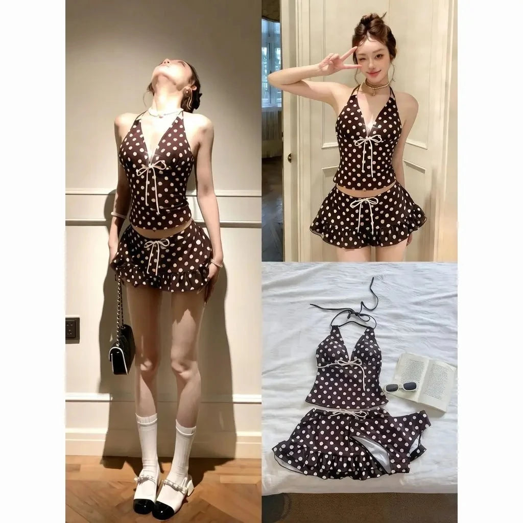 Women Y2k Sweet Bikini Set Japanese Kawaii Print Ruffles Lolita Swimsuit Crop Top + Skirt Two Piece Swimwear Beach Wear