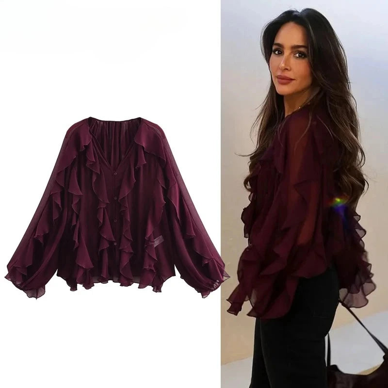 Woman 2026 Womens Blouses Semi Sheer Casual Blouses Woman Spring Fairy Shirts and Blouses for Lady Long Sleeve Tops