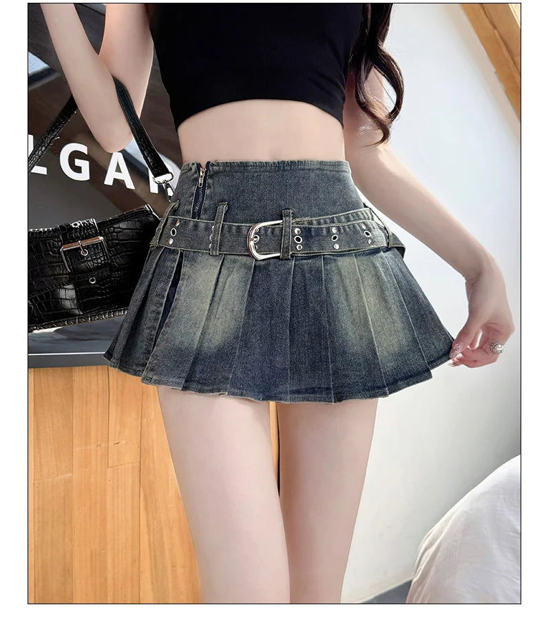 High Waist A-Line  Skirt Women's Denim Pleated Half Body Summer New Style Comfortable Soft Korean Version City Commute