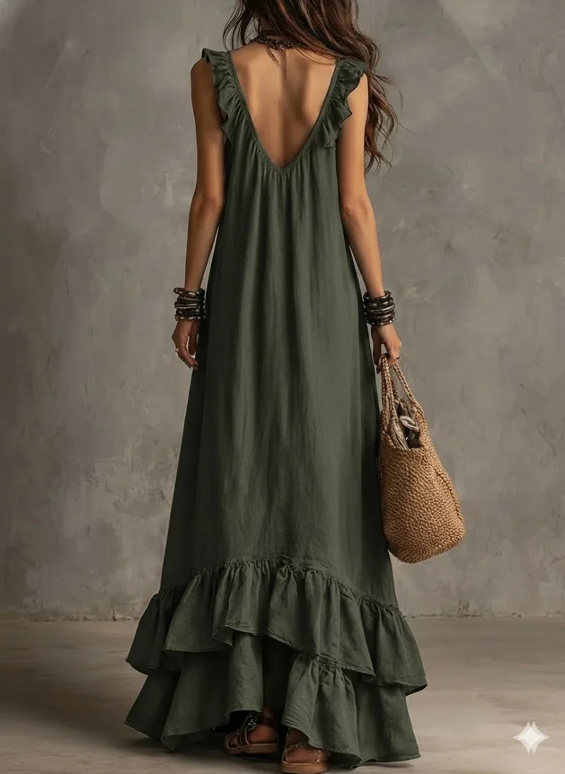 Boho Ruffled Maxi Dress Deep V Sleeveless Cascading Ruffle Loose Flowy Floor Length Beach Vacation Casual Long Dresses Cover Up