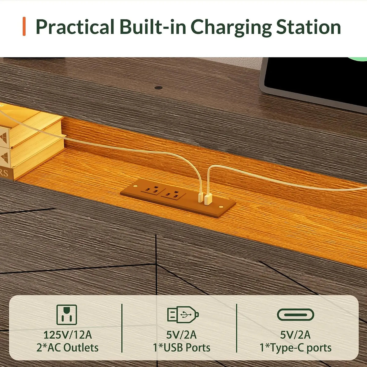 Queen Wooden Platform Bed with Headboard, 2 Drawers, LED Light, USB Charging, Easy Assembly, No Box Spring, Customized