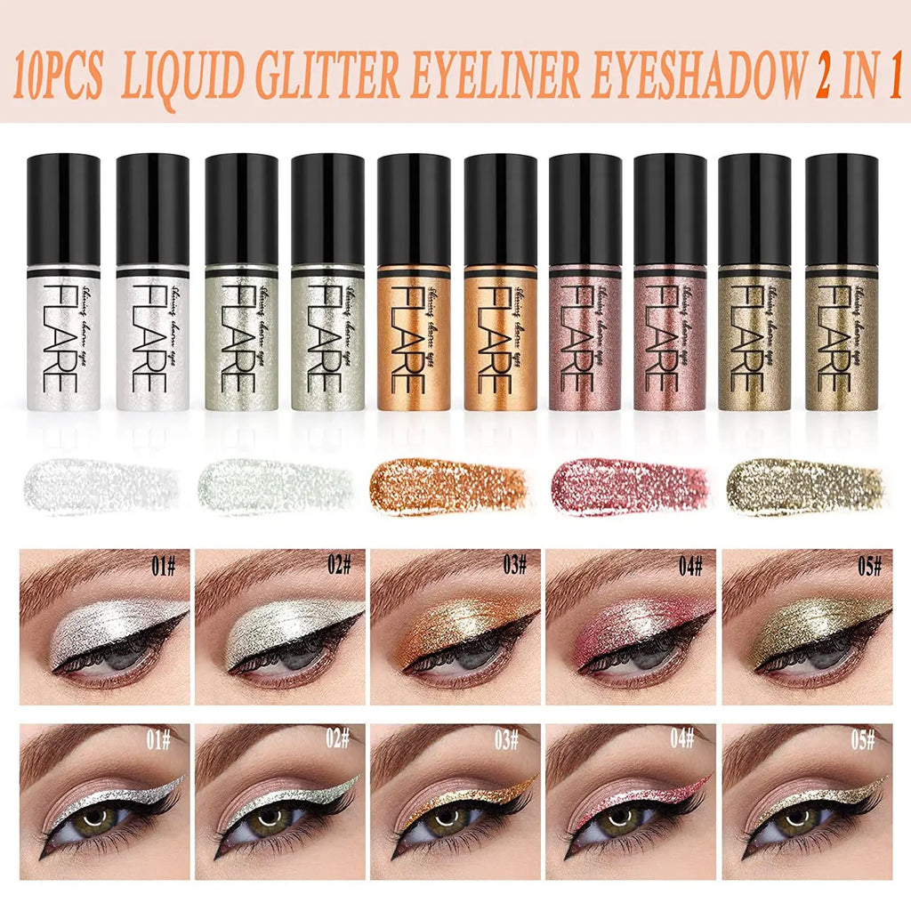 Makeup Set Liquid Glitter Eyeliner Metallic Shimmer Glitter Eyeshadow Long Lasting Waterproof Shimmer Eyeliner 10Pcs