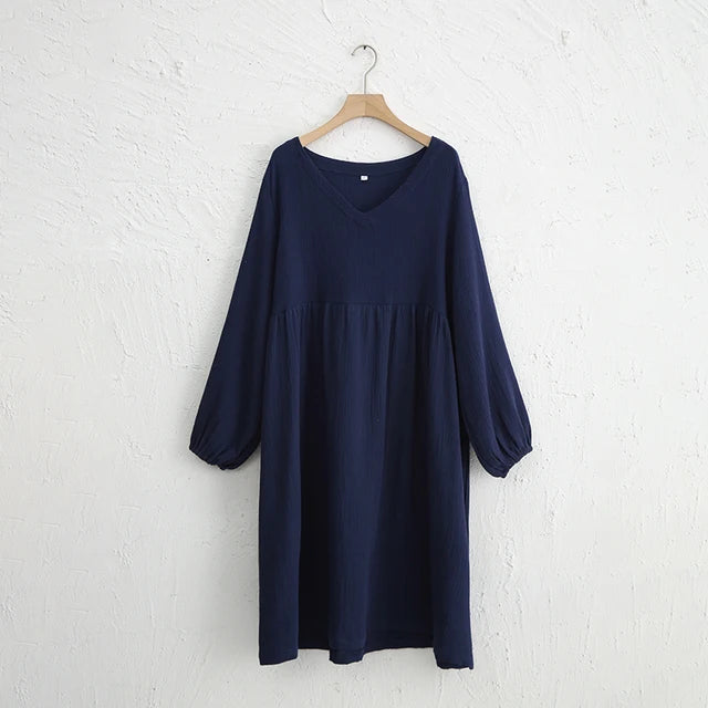 Casual 100% Cotton Women'S Dresses Muslin Sexy V-Neck Long Sleeve Elegant Maxi Dress Midi Robe Female Clothing
