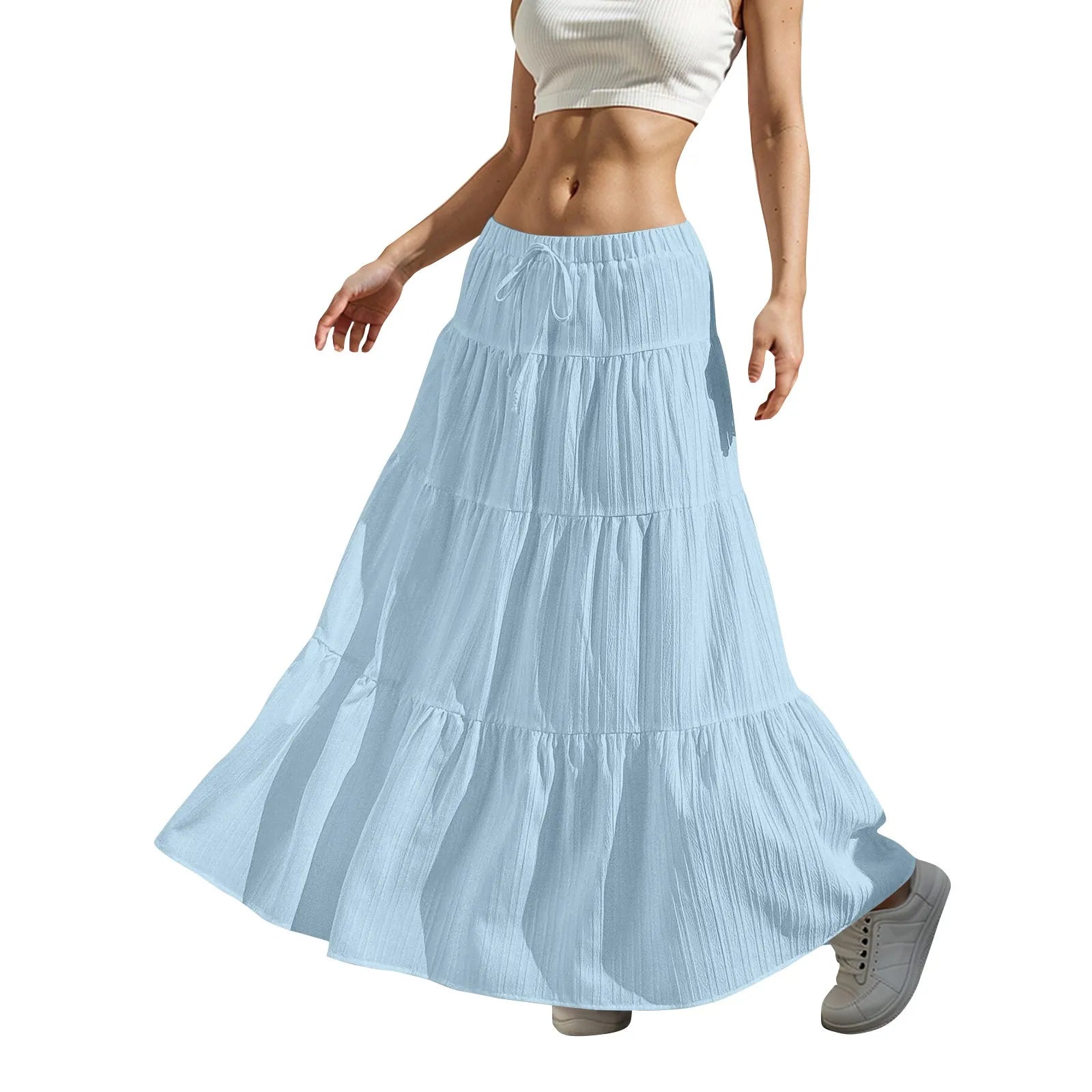 Women's Flared Ruffle Hem Maxi Skirt Fashion Women Solid Long Skirts Elastic Waist Elegant Long Skirt Spring Summer Cake Dress