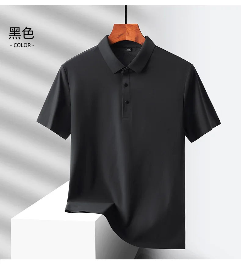 Summer Ice Silk Quick Drying Loose Polo Shirt Middle Aged Men's Solid Lapel Button Simple Versatile Casual Thin Short Sleeve Top