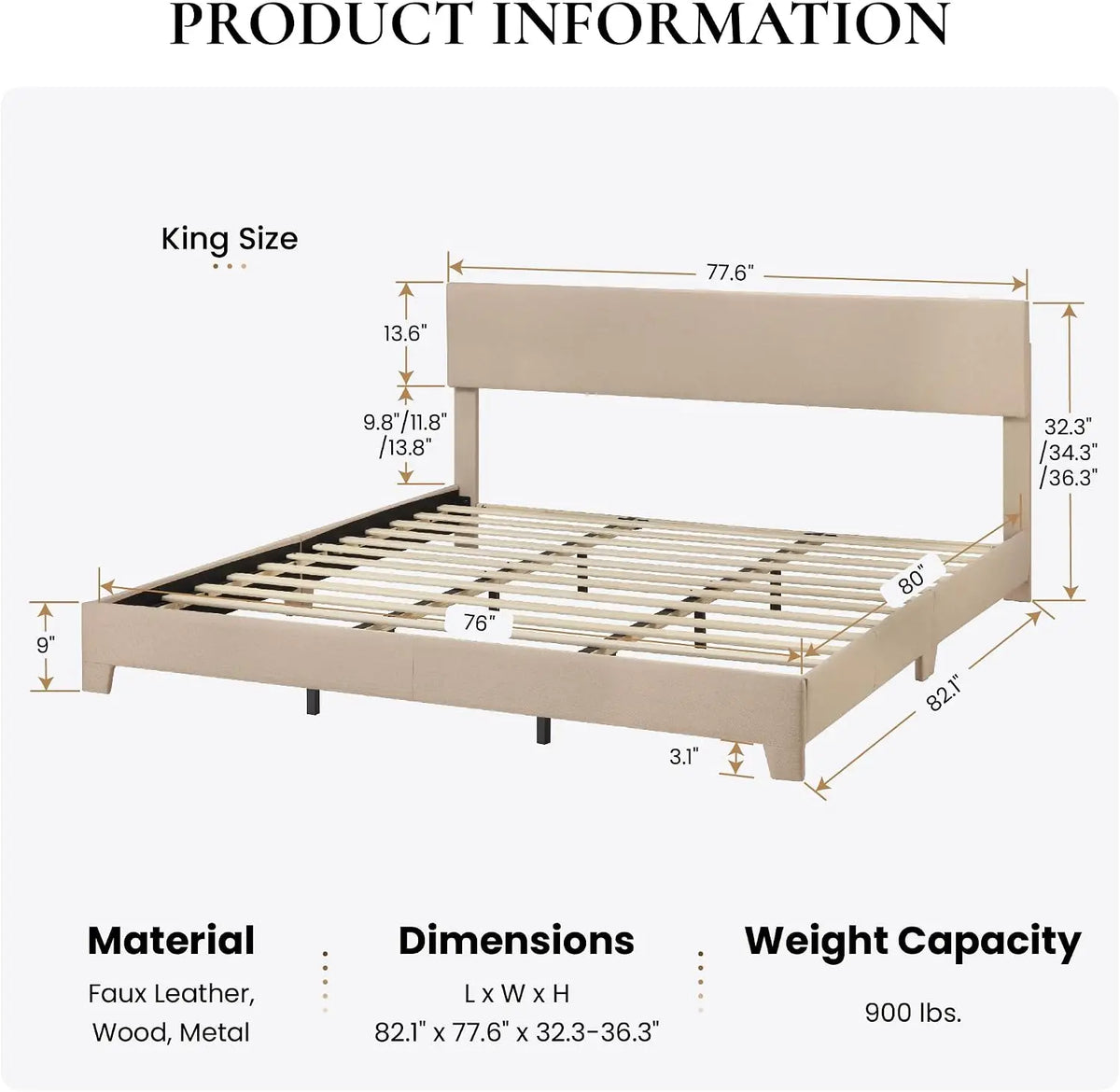 Linen Upholstered King Size Bed Frame with Headboard, Beige