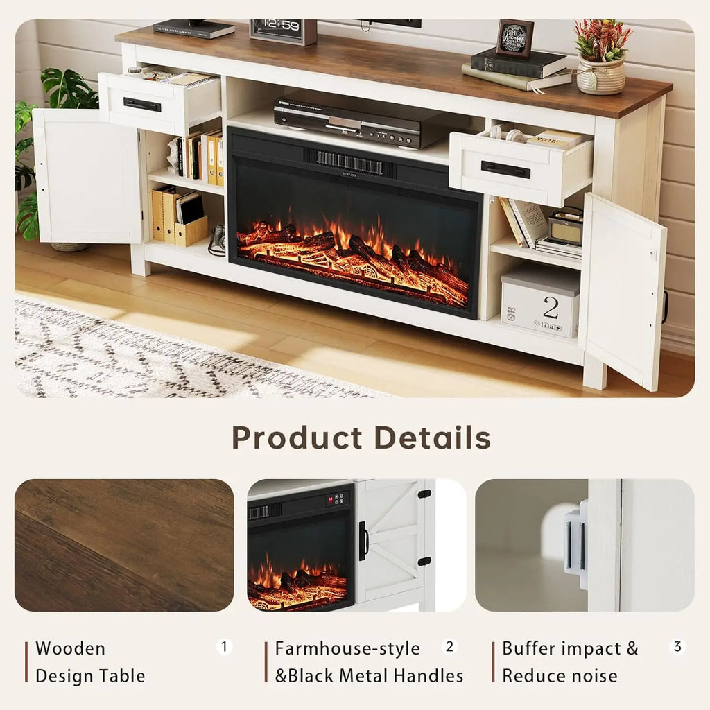 Fireplace TV Stand with Barn Door for TVs up to 80", Farmhouse Fireplace Entertainment Center with Storage, Customized