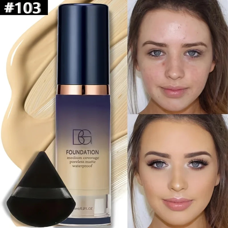 Set de maquillaje con base todo en uno de 2 piezas con borla triangular negra, cobertura impecable para principiantes