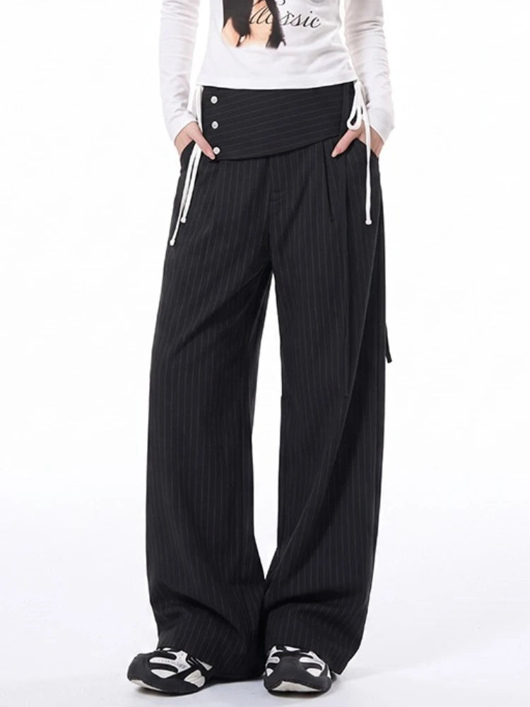 Detachable Skirt Panel Striped Suit Pants Women Turn Up Cuff Tie Waist Straight Wide Leg Trousers Loose Casual Streetwear Pants