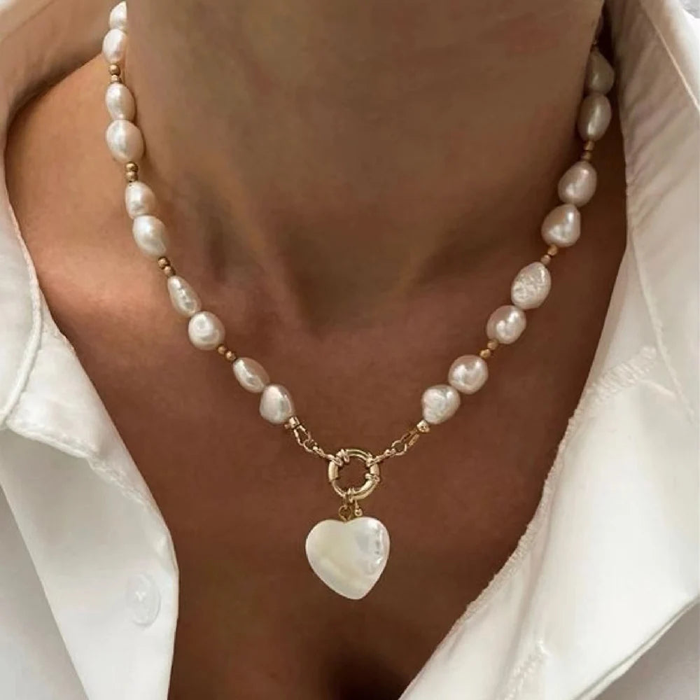 Pearl Multi Layer Necklace With Heart Pendant For Girls Elegant Irregular Pearl Choker Gift