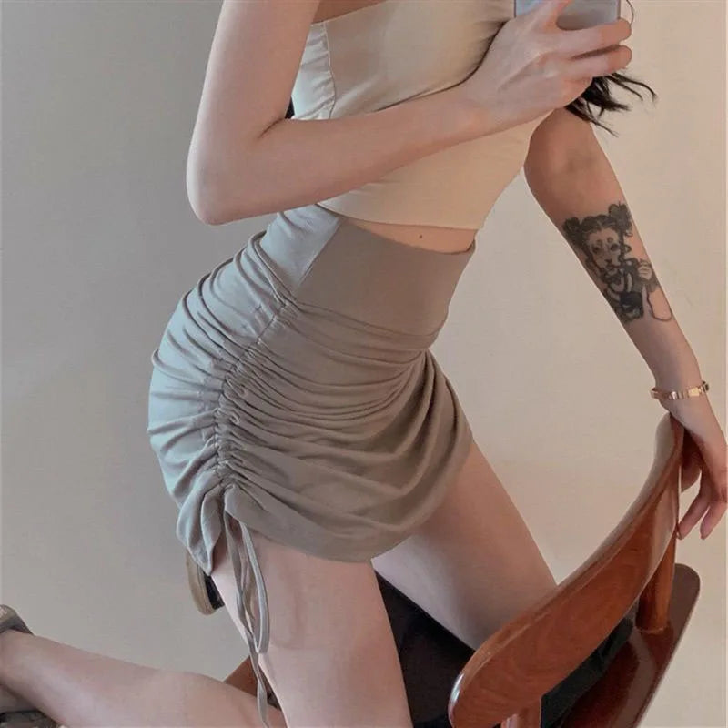 Xpqbb Women Summer Mini Skirts Drawstring Sexy High Waist Wrapped Hip Skirt Female Wild Solid Folds Slim Elastic Shorts Skirts