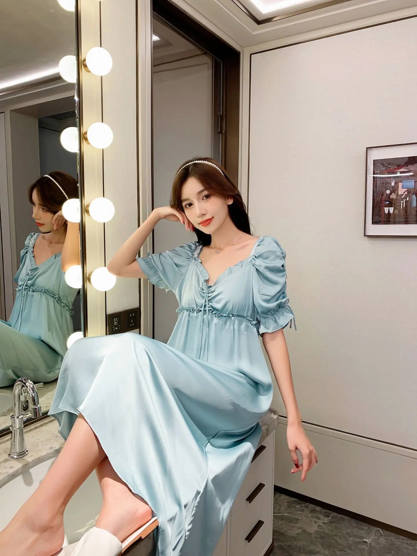 Satin Long Nightgown Women Sweet Lovely French Sleepwear Retro Silk Short Sleeve Sleepshirt Ladies Fashion Nightdress Home Dress