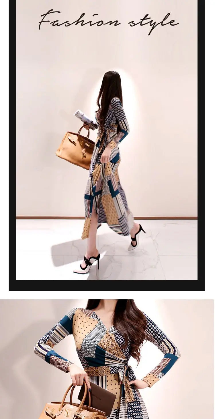 Vintage Print V-neck Lace-Up Maxi Dress | Korean Slim Long Sleeve.
