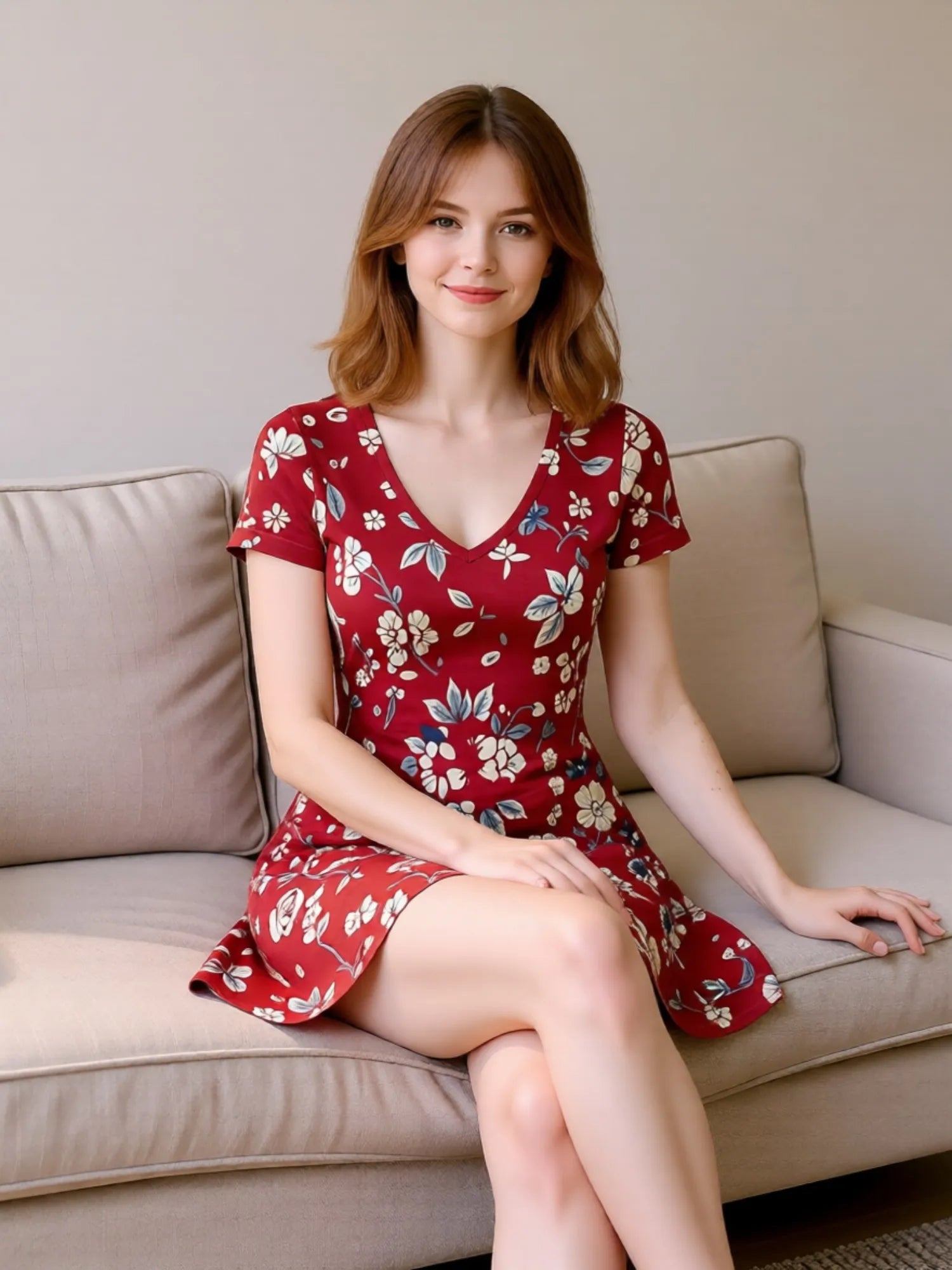 Floral Print Womens V Neck Short Sleeve A Line Dress Relaxed Fit Summer Mini Dress for Casual Days Vacation Trips and Gatherings