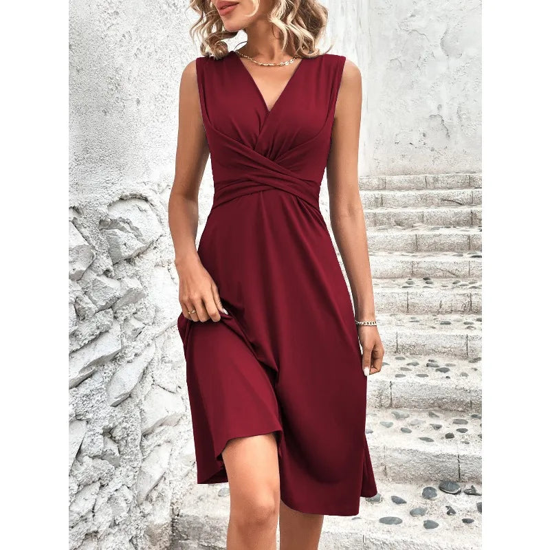 Woman Clothing Skirts Dresses 2026 Woman Summer Solid Color V-Neck Waist-Tied Cross-Front Pleated Sleeveless Long Dress