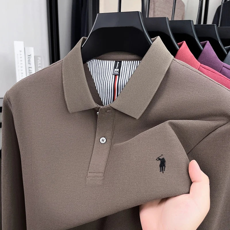 Pure Cotton Polo Shirt For Men Premium Embroidered Pony Logo Autumn Winter Long Sleeve Business Casual