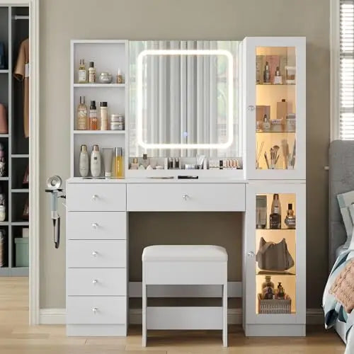 (Local US Inventory)Vanity Desk with LED Mirror and Charging Station Makeup Vanity with 2 Cabinets 3 Open Shelves 6 Drawers and
