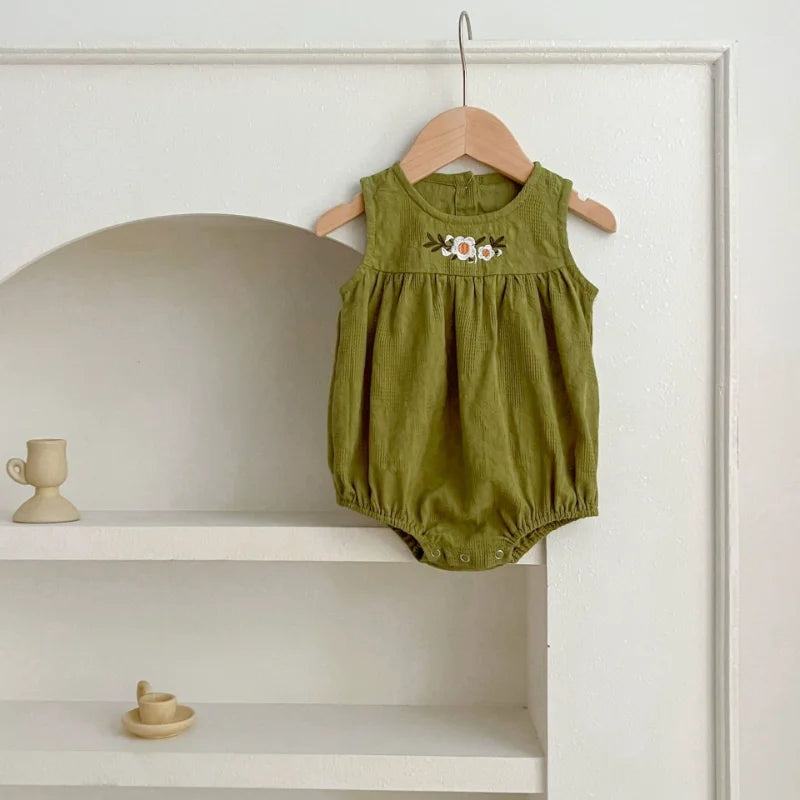 Girls Birthday Party Sisters Outfits Summer Green Apricot Floral Embroidery Sleeveless Bodysuit Vest Dress Baby Clothes H037