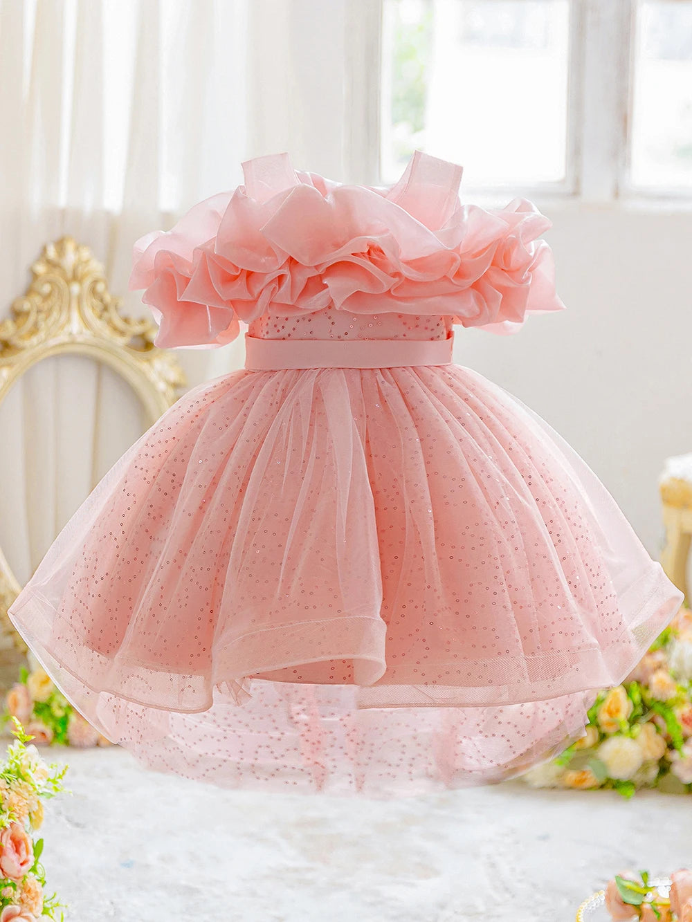HETISO Tulle Princess Party Dress for Kids Flower Girl Graduation Pageant Birthday Wedding Bridesmaid Child Costume Prom Gown