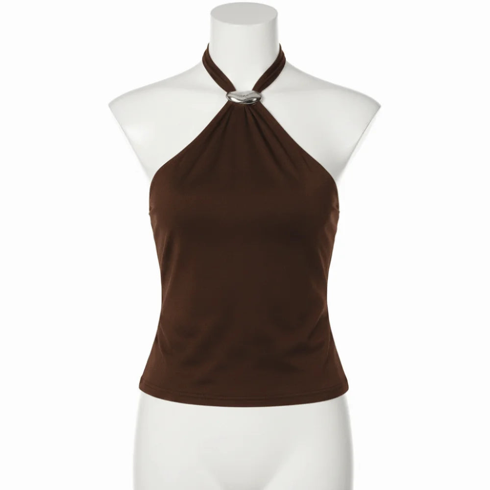 Sexy Versatile Halter Top Solid Color Camisole Style Lace Up Top Slim Fit Sleeveless Tank Top Women Summer Wear