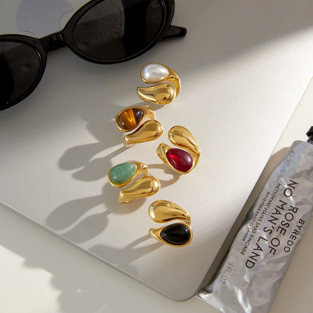 Youthway Water Drop Natural Stone Open Rings For Women Minimalist 18K Gold Plated Stainless Steel Rings Simple Fashion Jewelry