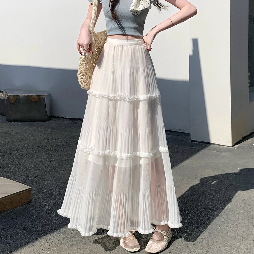 Sweet Pleated Half Skirt Korean Style Holiday Photo Long Atmosphere Spring Summer Cotton Blend Polyester Fiber Midi Skirt