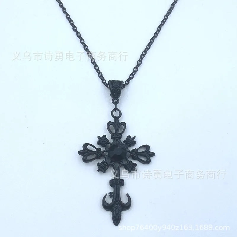 Gothic Black Ruby Cross Pendant Men'S Women'S'S Necklace European And American Retro Fashion Jewelry Gifts