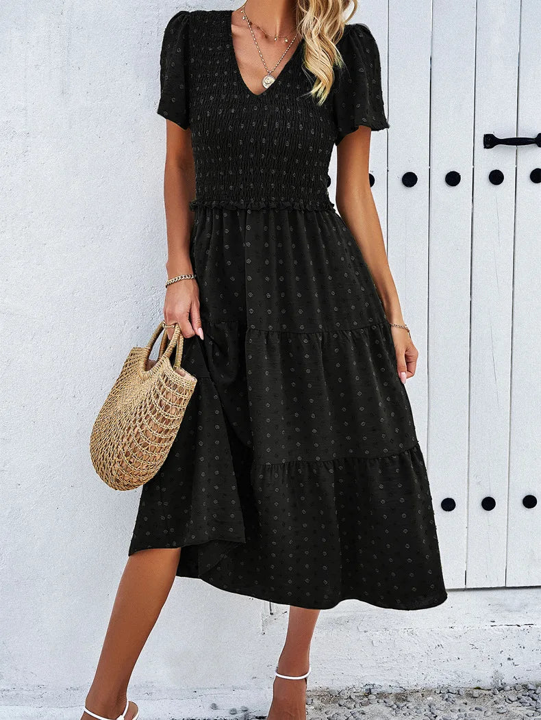 Summer Women's Casual Polka Dot Long Dress Vacation Boho Short Sleeve Solid V-neck Beach Sundress Elastic Waist Midi Dresses