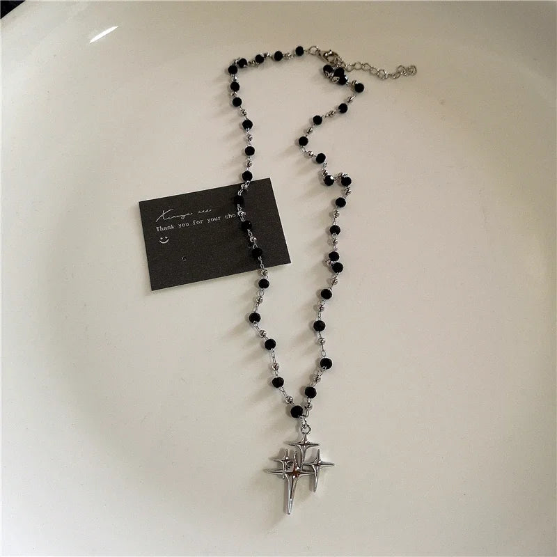Punk Gothic Red Glass Cross Heart Pendant Pearl Necklace For Women'S Men Hip Hop Y2K 90S Short Choker Charms Jewelry Accessories