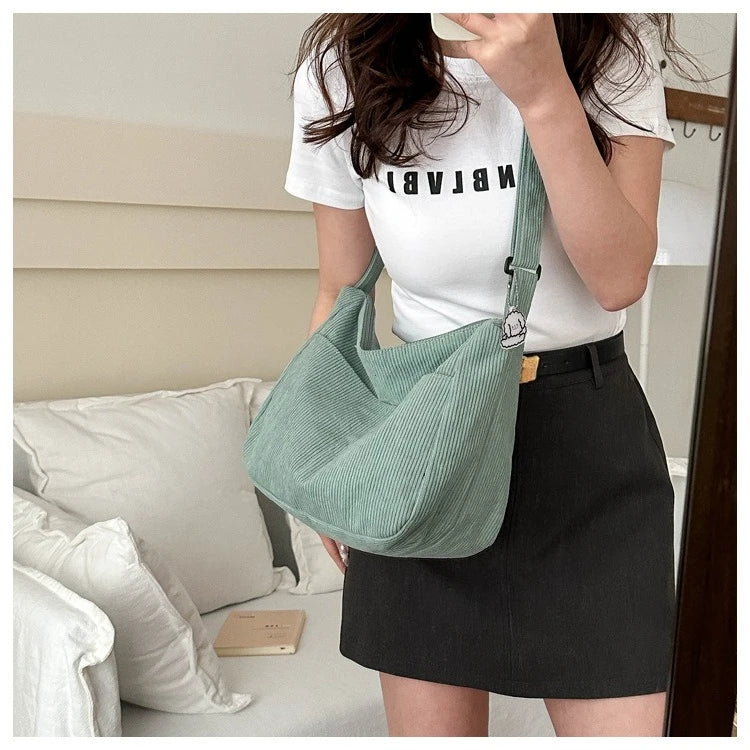 Women’s Corduroy Shoulder Bag, Casual Striped Large Capacity Tote with Zipper Closure, Cute Hat Patch, Perfect for Everyday Use