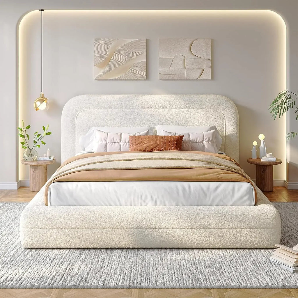 Queen Boucle Cloud Bed Frame Soft Rounded Corners Headboard No Box Spring Needed