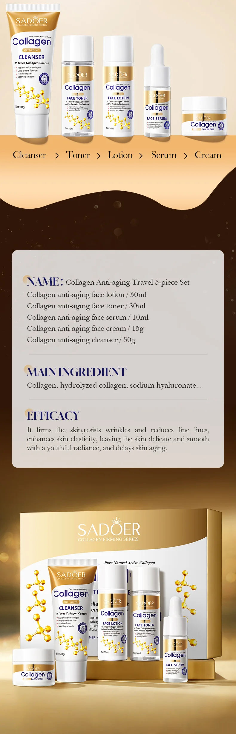 5pcs SADOER Collagen Skin Care Sets Moisturizing Face Cream Eye Cream Serum Essence Whitening Anti-Aging Facial Skin Care Kit