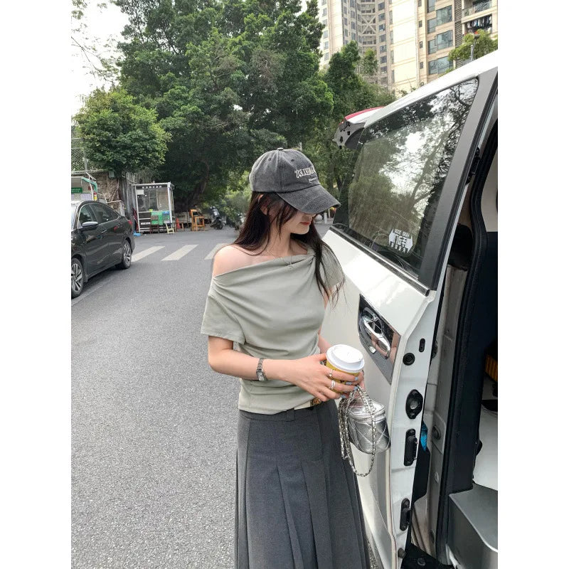 Slim Fit Short Sleeve T-Shirt Women Summer New Style Shoulder Bared Neckline Gathered Waist Elastic Band Casual Style Top