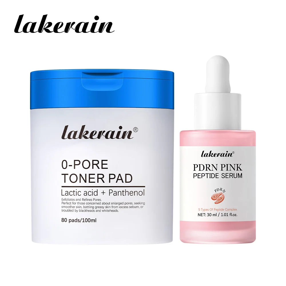 Lakerain 2Pcs Set 0-Pore Toner Pad & Salmon PDRN Pink Peptide Facial Serum Deep Moisturizing Glow Korean Facial Skin Care Kit