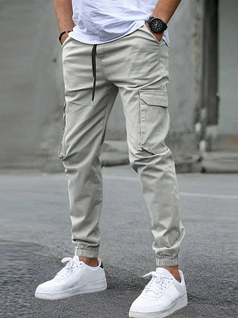 Men Elastic Drawstring Cargo Jogger Pants Multi Pocket Casual Streetwear Hip Hop Jogging Sweatpants Daily Work Trousers