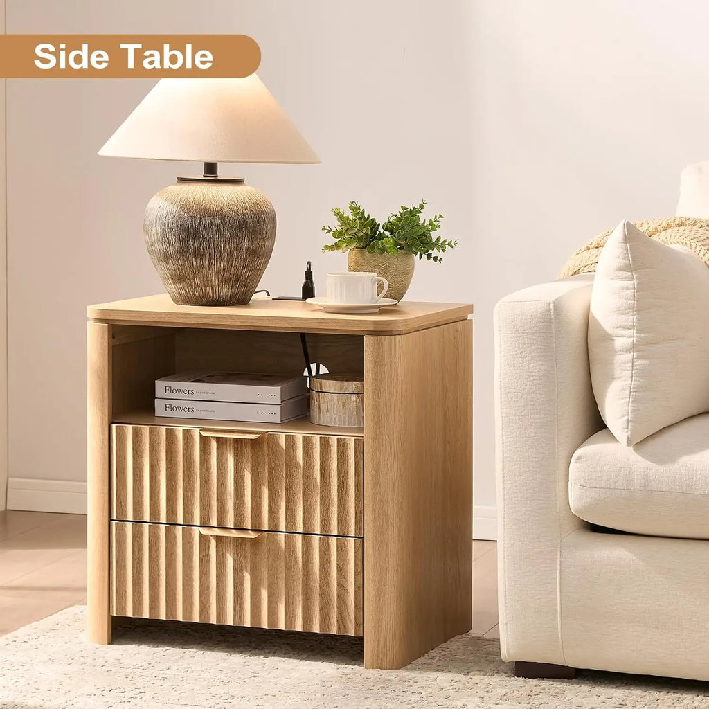 Fluted Nightstand Set Of 2 With Charging Station, 23.7" Wide Modern End Table With 2 Drawers, Wooden Bedside Table, Customized