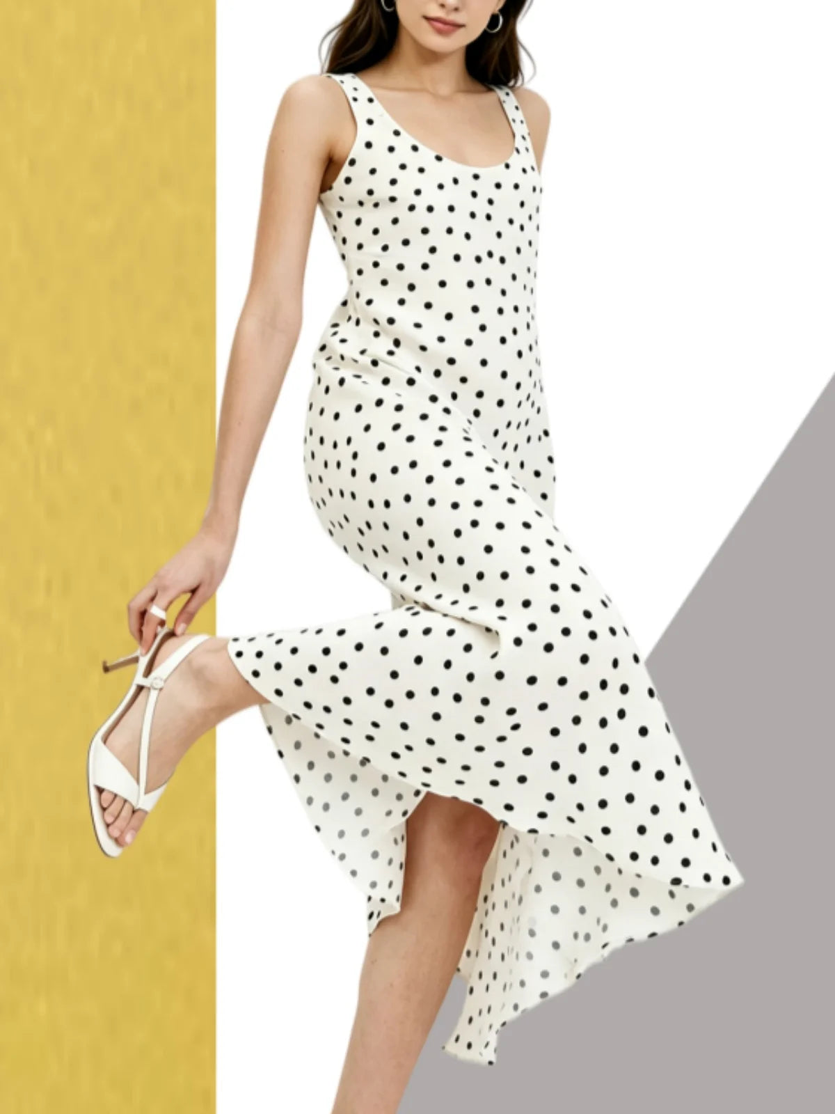 2026 Summer New Women's Fashion Sleeveless Waist-Slimming Polka Dot Print Vest Dress Vacation Style Camisole Mid-Length Dress