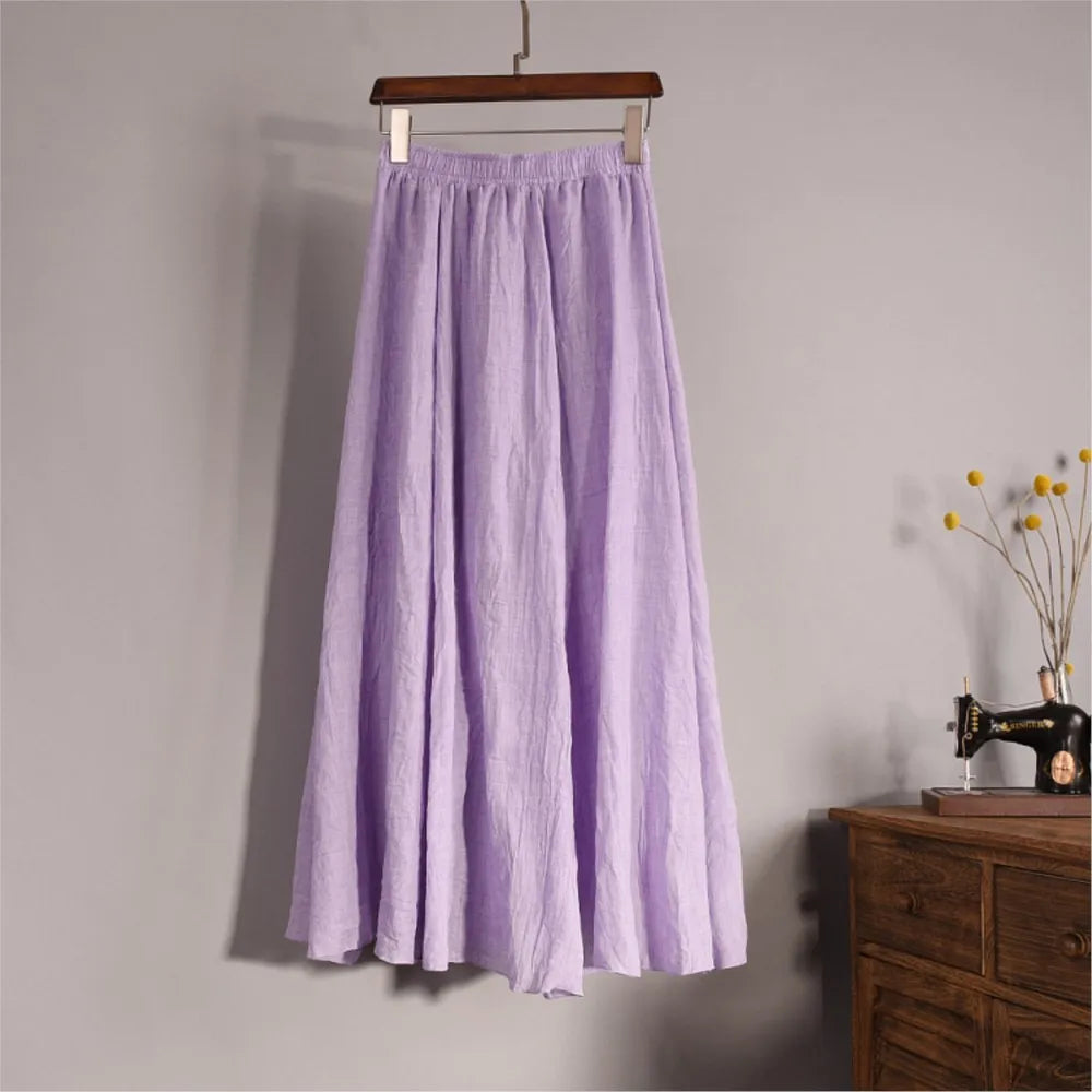 2025 Summer Women All-match Long Skirt Mid-calf Casual Linen Elastic Waistband One Size Expansion Hemline Lined Female Skirts