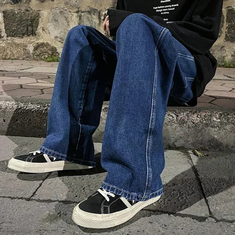 2026 New Streetwear Loose Jeans Men Korean Style Fashion Loose Straight Wide Leg Pants Men's Brand Clothing Black Light Blue